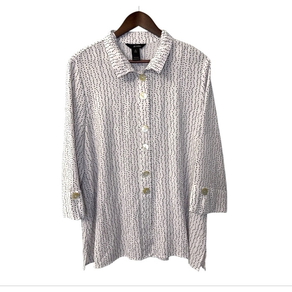Ali Miles button up blouse women's XL gray black micro dots artsy boho lagenlook